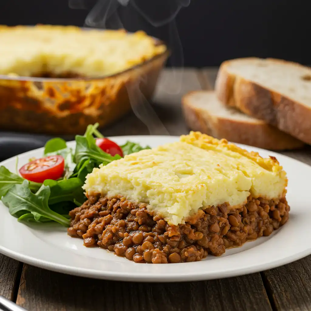 Vegan Lentil Shepherd’s Pie That’s Simple, Savory, and Irresistibly Satisfying 7 Serving of vegan lentil shepherd’s pie with salad
