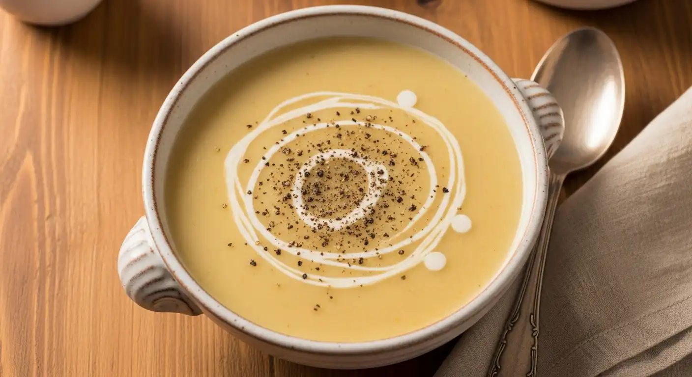 3 ingredient potato soup in a rustic bowl