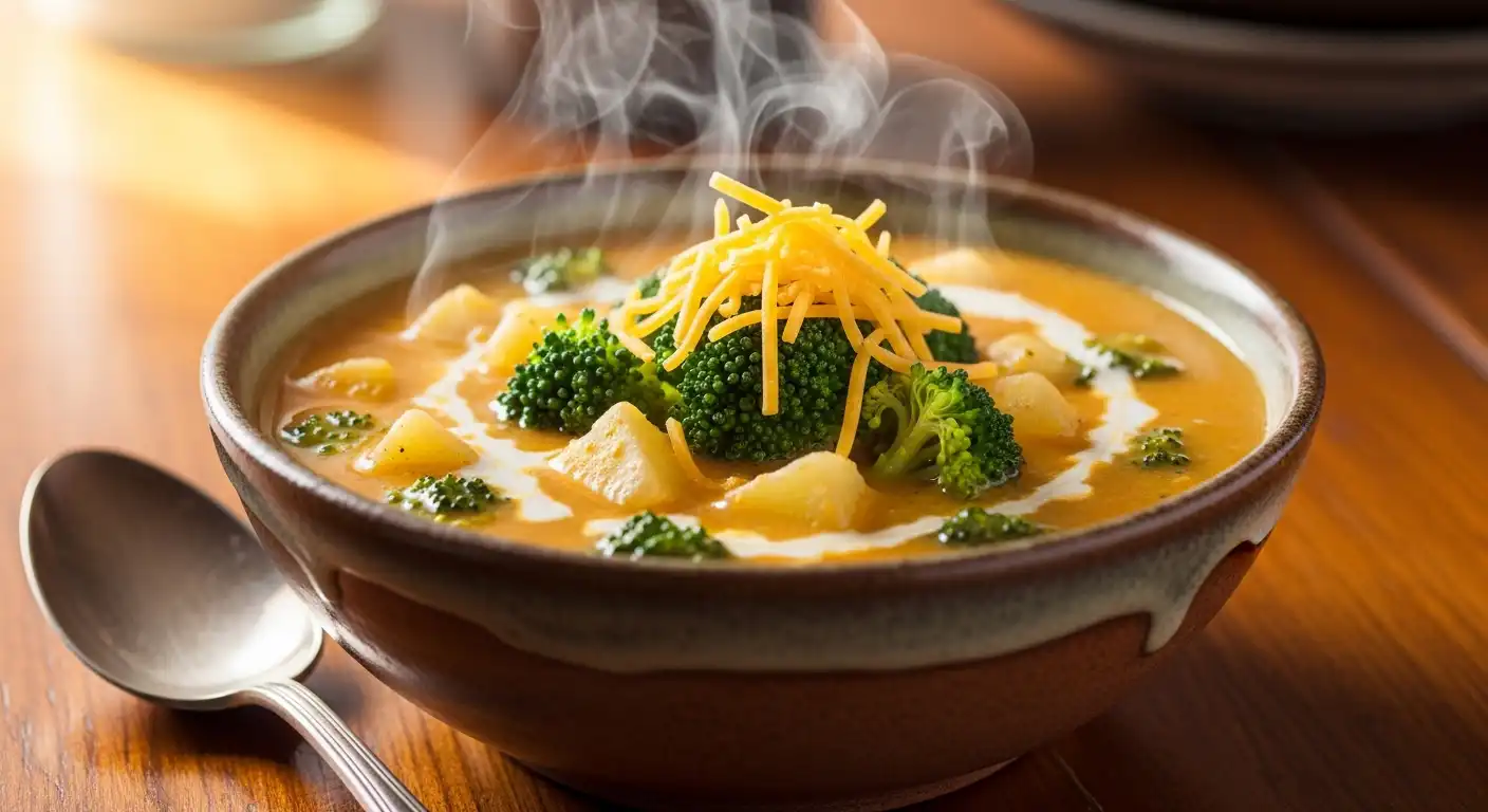 Creamy broccoli cheddar potato soup in a rustic bowl with melted cheese and fresh broccoli garnish
