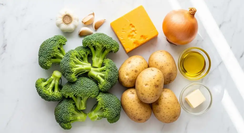 Fresh ingredients for broccoli cheddar potato soup including broccoli, potatoes, cheddar cheese, onion and garlic