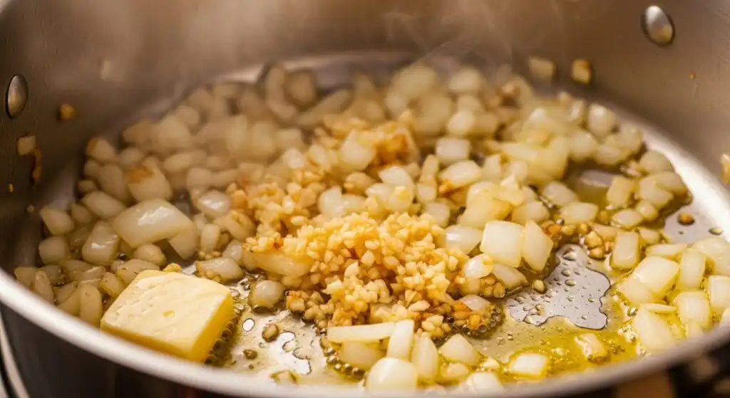 Onions and garlic sautéing in butter and oil in a soup pot as the first step of making broccoli cheddar potato soup