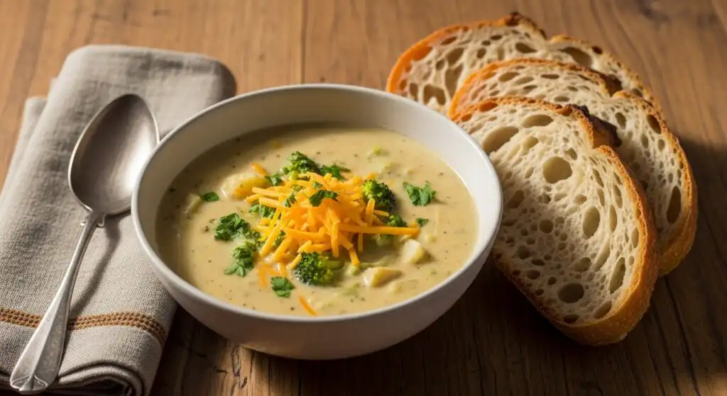 Broccoli cheddar potato soup served with crusty sourdough bread for dipping