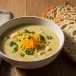 Broccoli cheddar potato soup served with crusty sourdough bread for dipping
