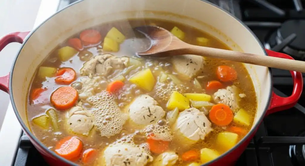 Autumn Dinner Soup: Cozy, Hearty, and Family-Approved 6 simmering autumn dinner soup in Dutch oven