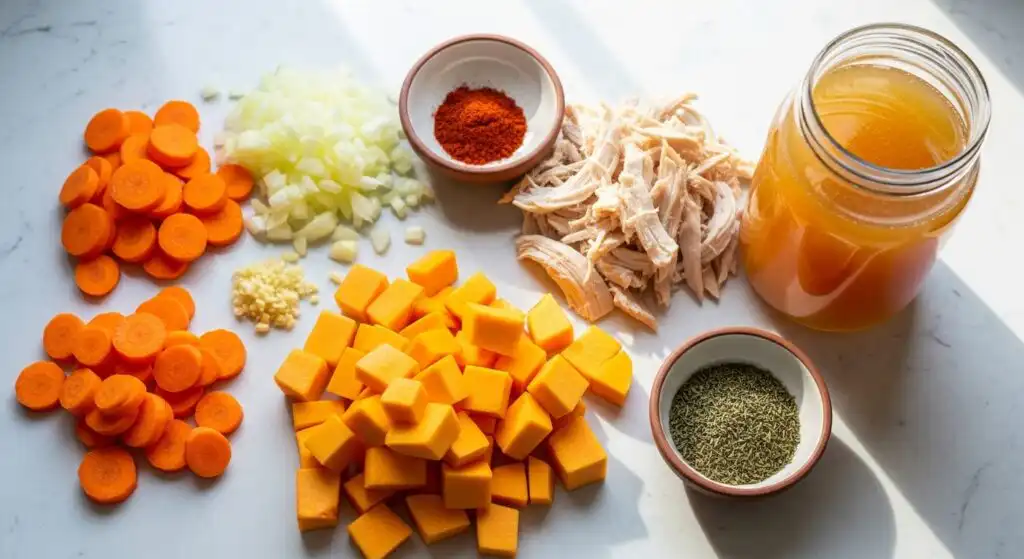 Autumn Dinner Soup: Cozy, Hearty, and Family-Approved 5 ingredients for autumn soup displayed on counter