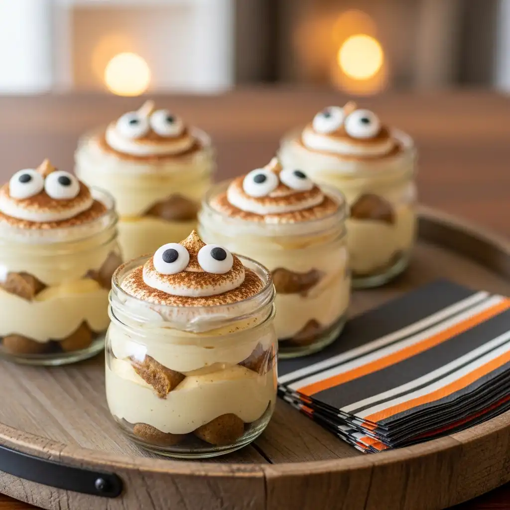 How To Make No Bake Pumpkin Spice Tiramisu Kids Devour 9 Mini pumpkin tiramisu jars decorated for Halloween