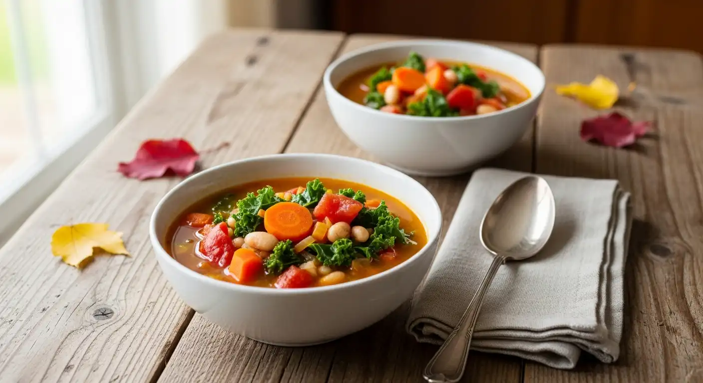 harvest vegetable soup served in white bowls