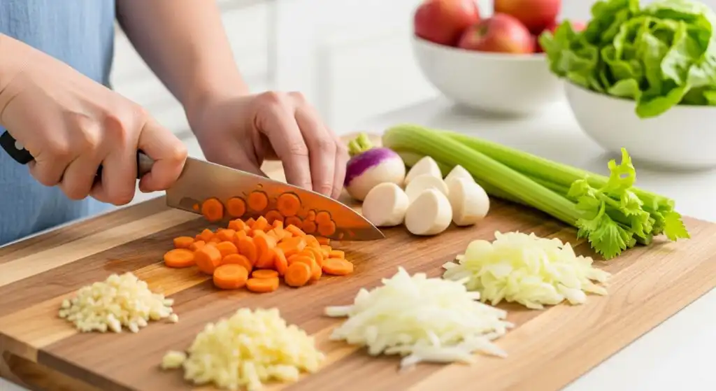 chopping vegetables for harvest vegetable soup