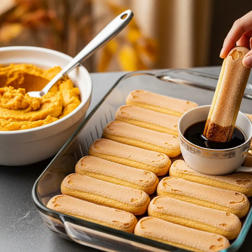 How To Make No Bake Pumpkin Spice Tiramisu Kids Devour 8 Layering pumpkin tiramisu with ladyfingers and coffee