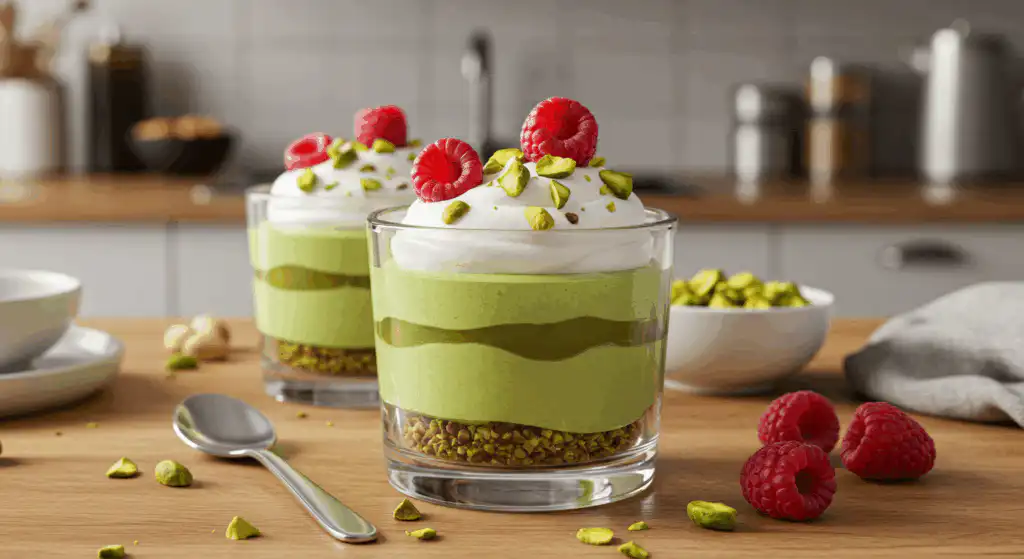 5 Easy Pistachio Pudding Desserts That Aren’t Cake 7 no-bake pistachio pudding dessert in glass with toppings