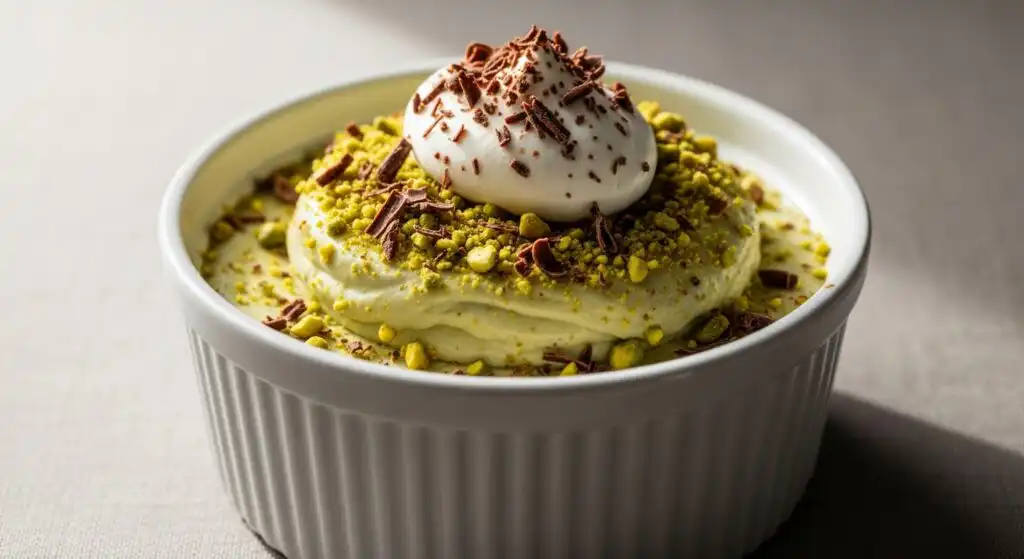 5 Easy Pistachio Pudding Desserts That Aren’t Cake 9 pistachio mousse dessert in ramekin with crushed nuts
