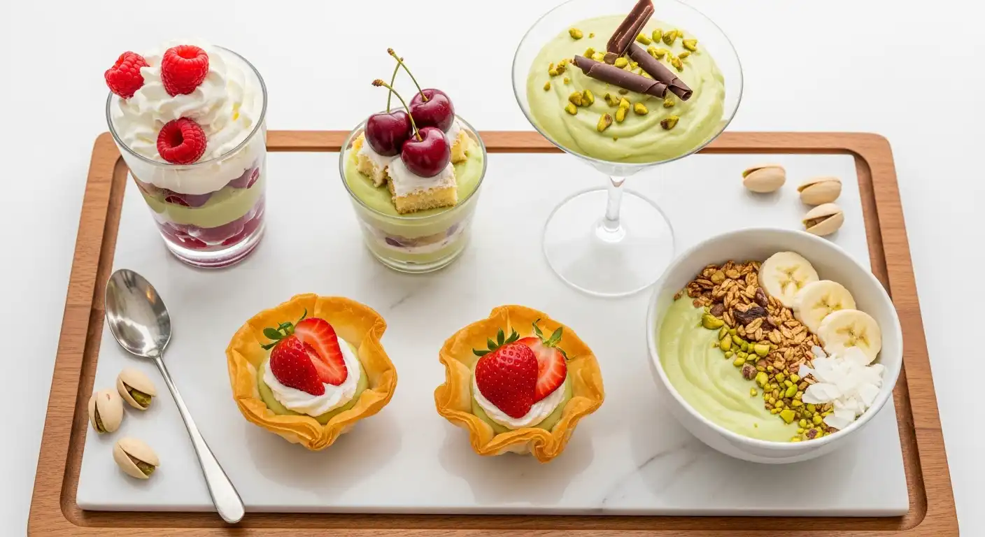 five no-bake pistachio pudding desserts served together