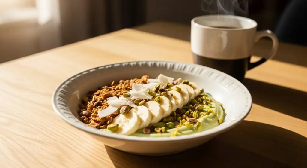 5 Easy Pistachio Pudding Desserts That Aren’t Cake 11 pistachio yogurt breakfast bowl with granola and fruit