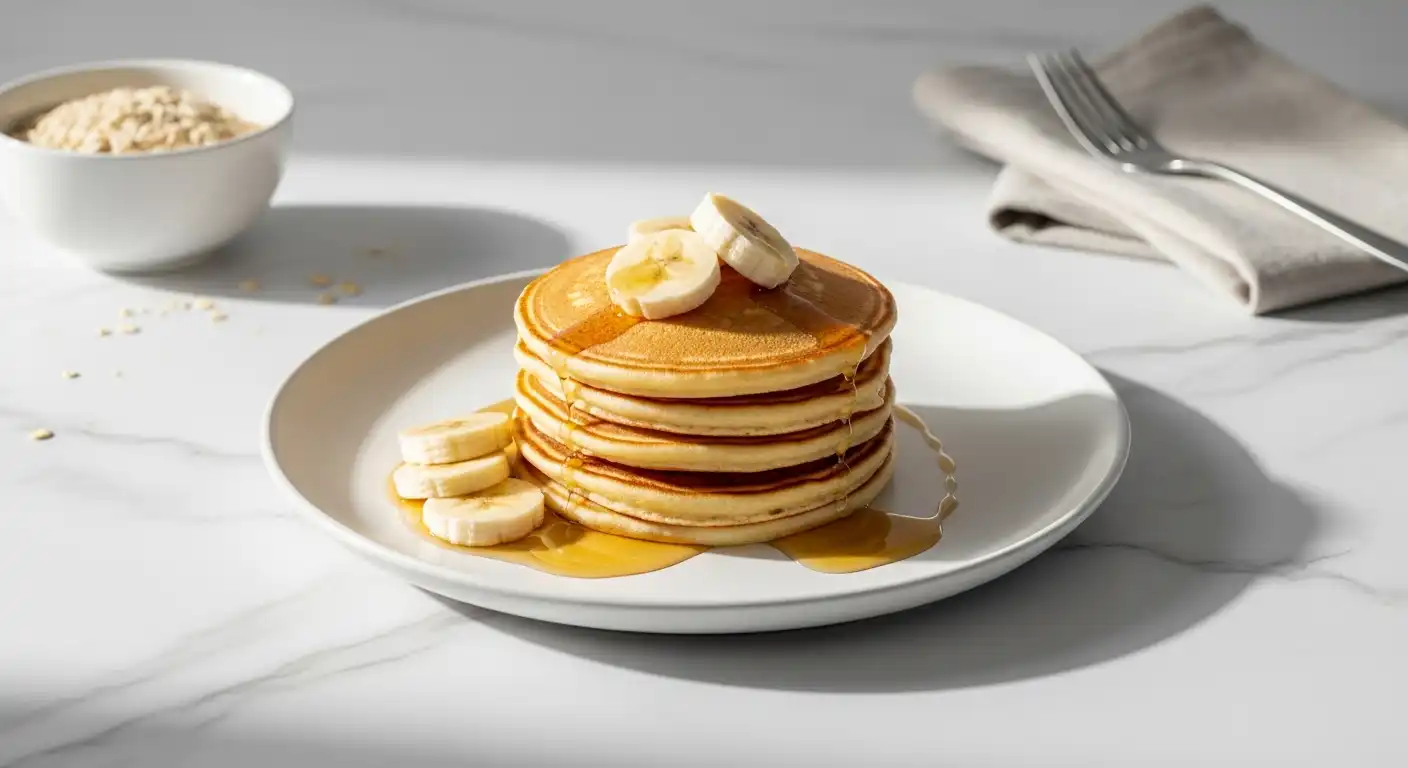 Stack of 3-ingredient banana pancakes with banana slices and syrup