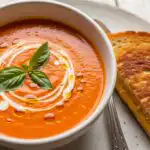 Creamy Easy Tomato Soup Recipe with basil garnish and a side of golden, toasted grilled cheese sandwich