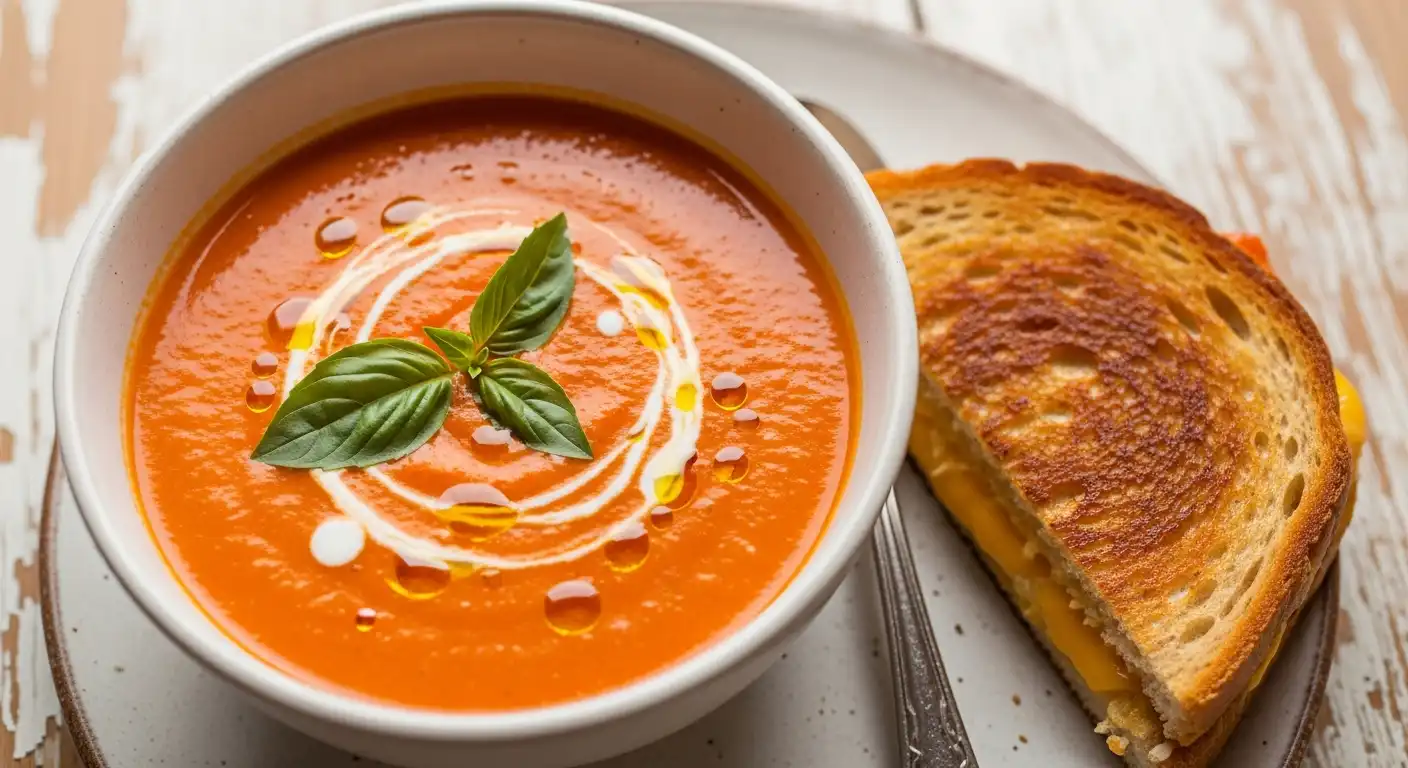 Creamy Easy Tomato Soup Recipe with basil garnish and a side of golden, toasted grilled cheese sandwich