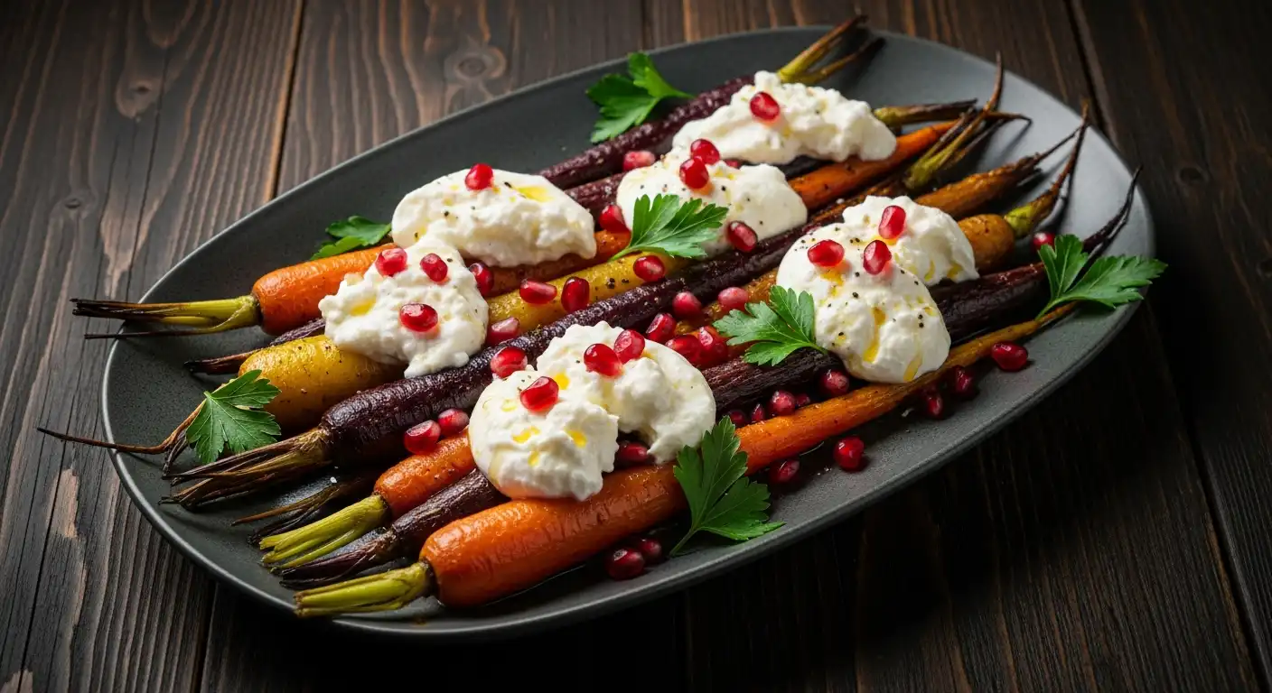 Honey Roasted Rainbow Carrots with Burrata and Pomegranate