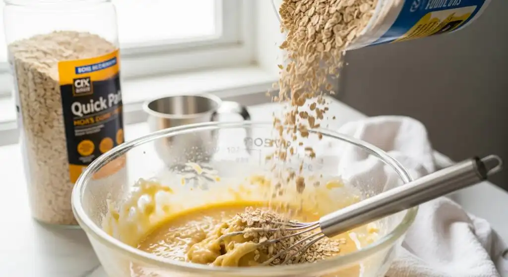 3-Ingredient Banana Pancakes – Easy, Fluffy, No-Fuss Breakfast 7 Pouring oats into banana and egg pancake batter