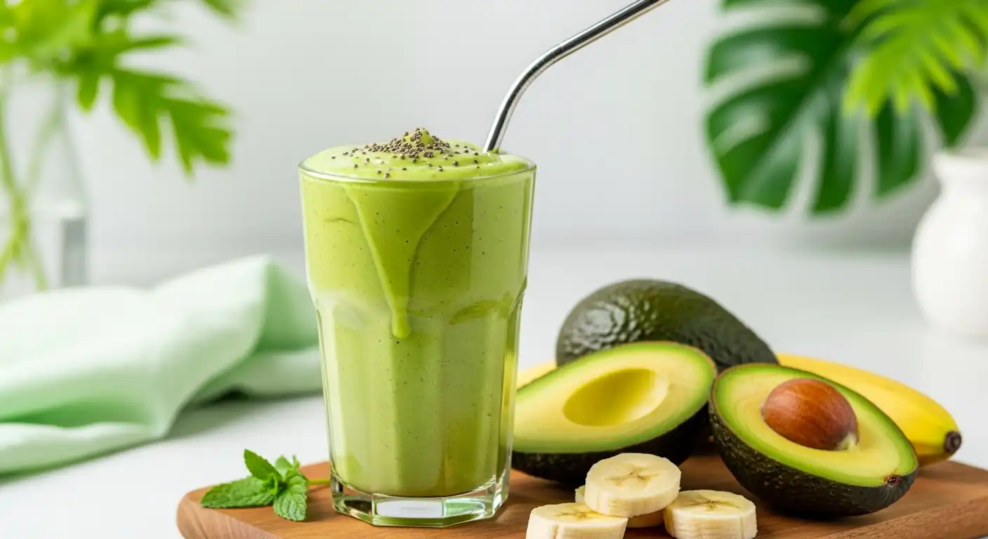 Vibrant natural green avocado smoothie recipe in a clear glass with chia topping