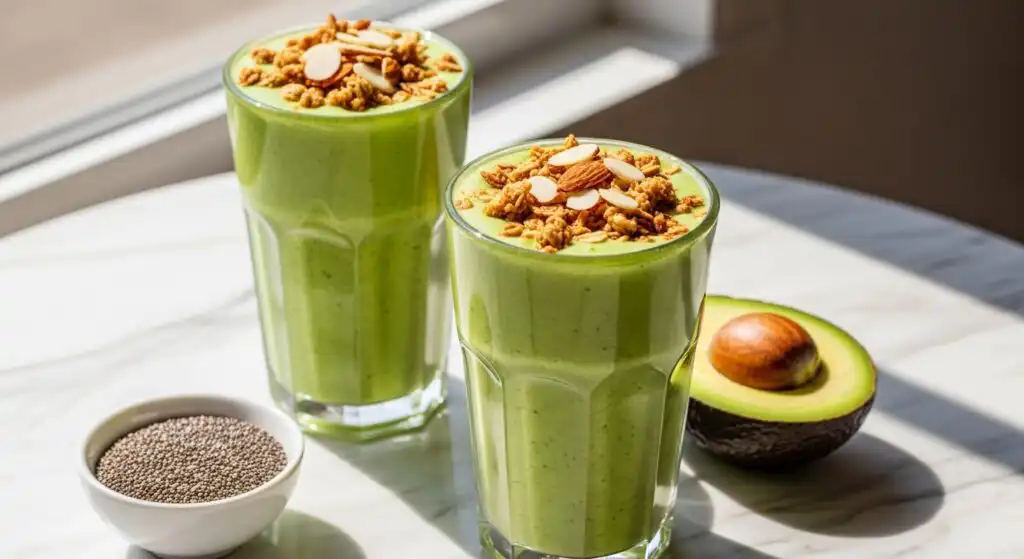 Two glasses of bright green avocado smoothie served with granola and almonds