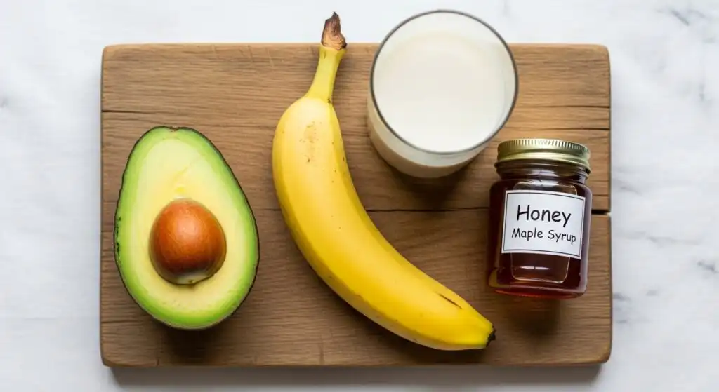 Close-up of a ripe and creamy half-avocado, placed next to a ripe banana. The photo is fresh and emphasizes the quality of the ingredients. (Image for the avocado smoothie recipe)