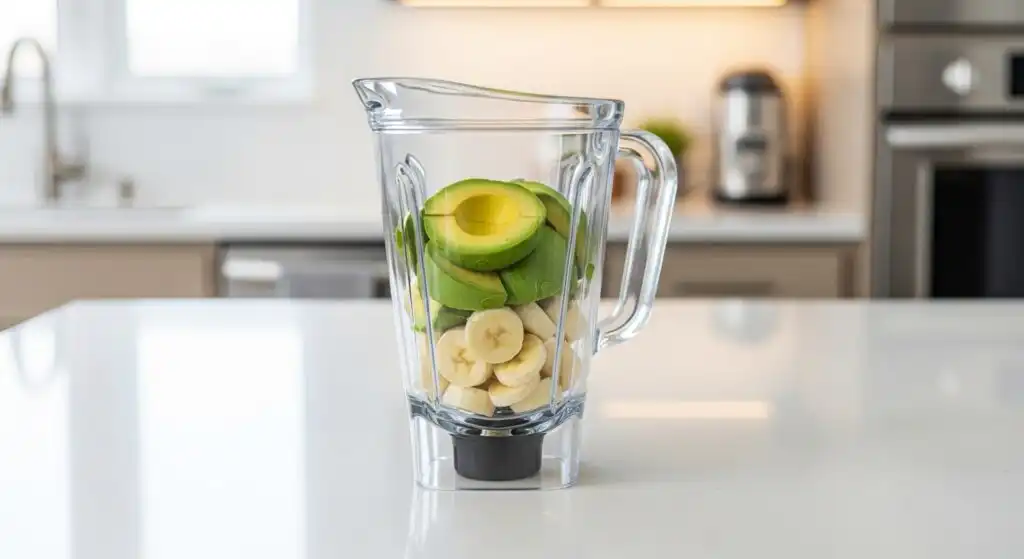 A high-speed blender mixing the avocado smoothie ingredients, showing a creamy, green vortex. A hand is pouring liquid into the blender. (Step-by-step image for smoothie recipe)