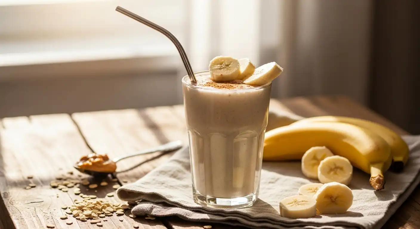 tall glass of banana smoothie with banana slices on top