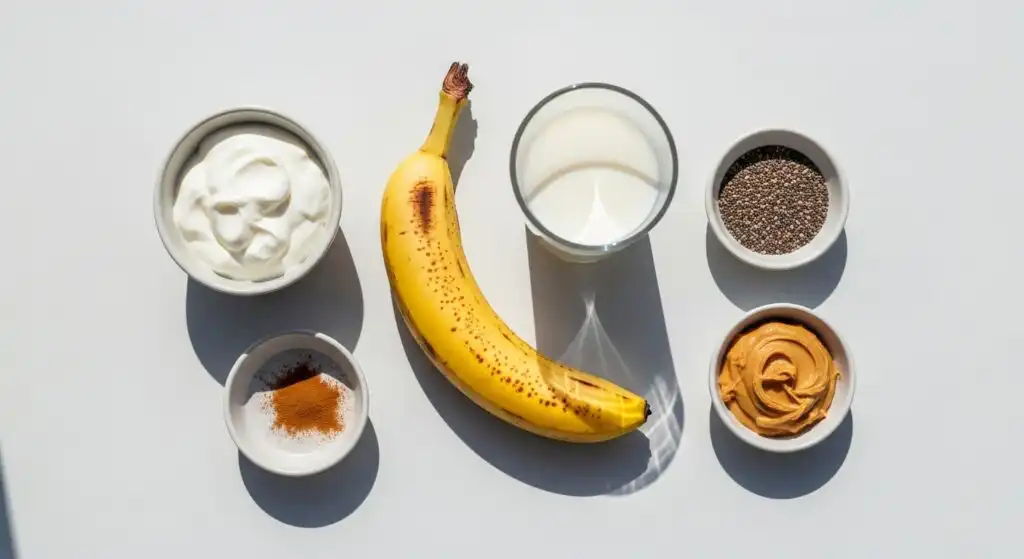 Banana Smoothie Recipe That’s Creamy, Simple & Perfect Anytime 4 banana smoothie recipe ingredients flat lay