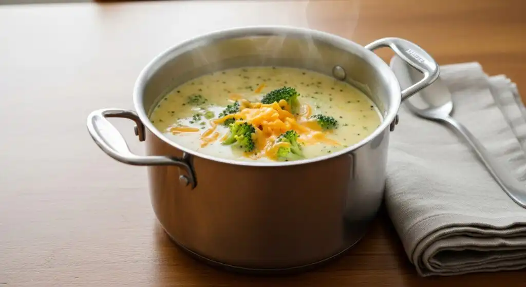Broccoli cheddar soup served in a metal saucepan on a wooden table