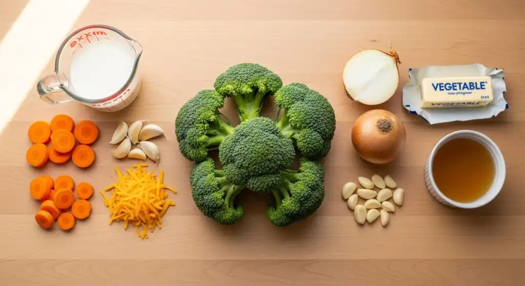 Flat lay of fresh broccoli, carrots, garlic, onion, cheddar cheese, milk, and butter on a table
