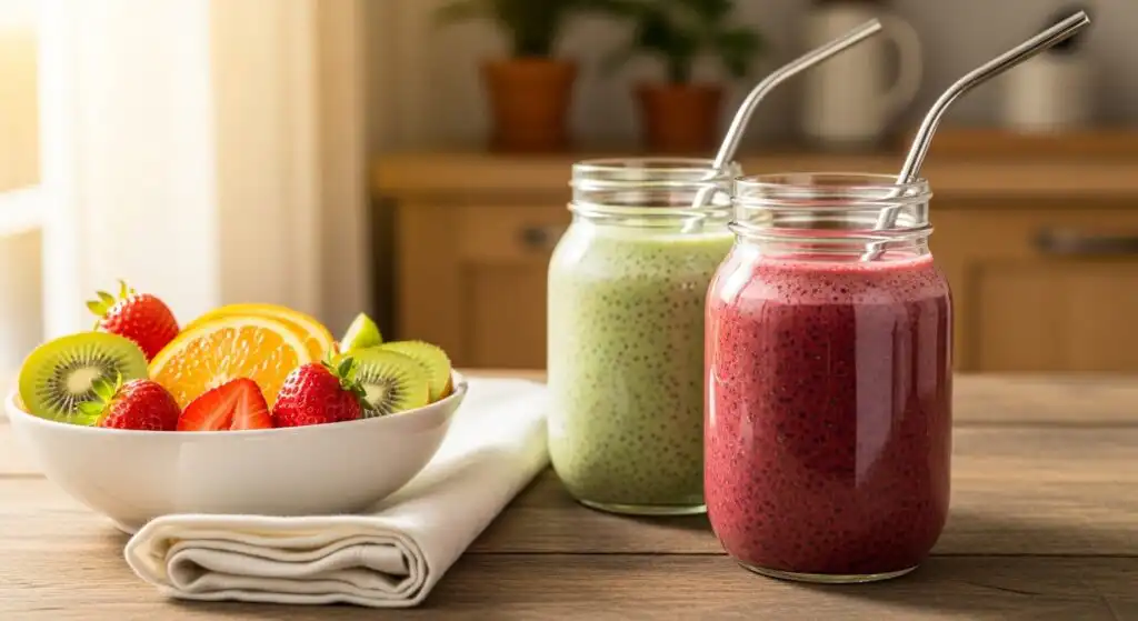 Chia Seeds in Fruit Smoothies: The Best Way to Boost Your Blend 6 Chia fruit smoothies served in jars with fresh fruit on table