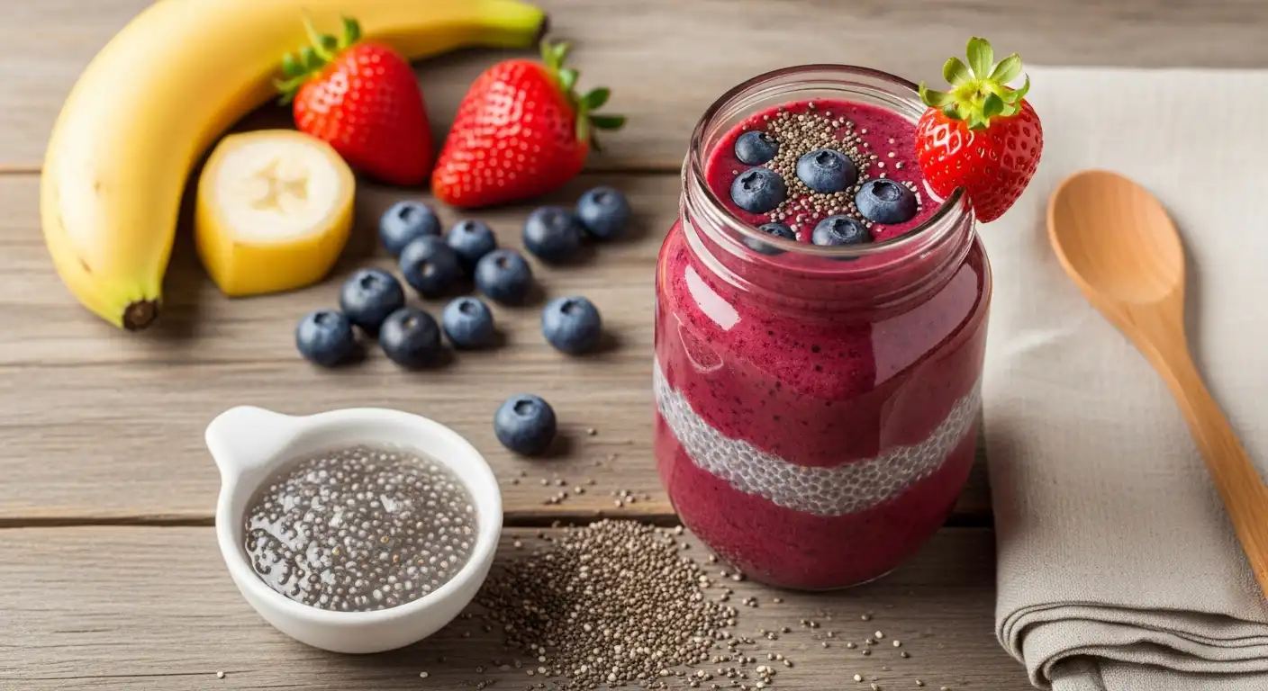 Chia seeds in fruit smoothies with berries and banana in mason jar