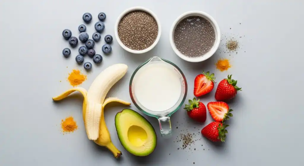 Chia Seeds in Fruit Smoothies: The Best Way to Boost Your Blend 5 chia smoothie ingredients flatlay