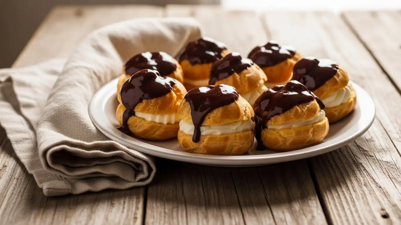 Golden French profiteroles filled with vanilla cream and topped with glossy chocolate ganache on a white serving platter.