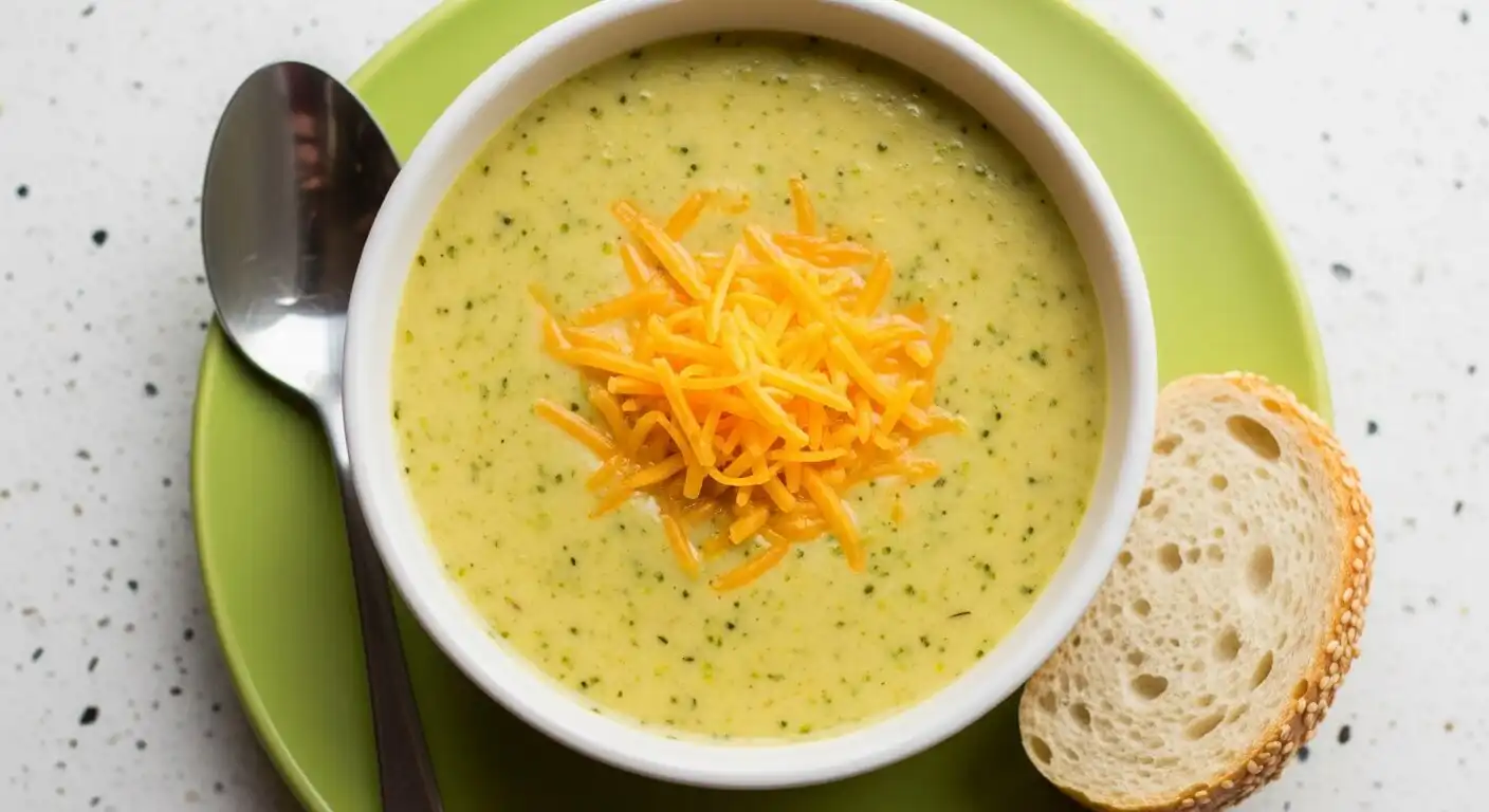 Creamy broccoli cheese soup served hot in a rustic bowl with melted cheddar on top