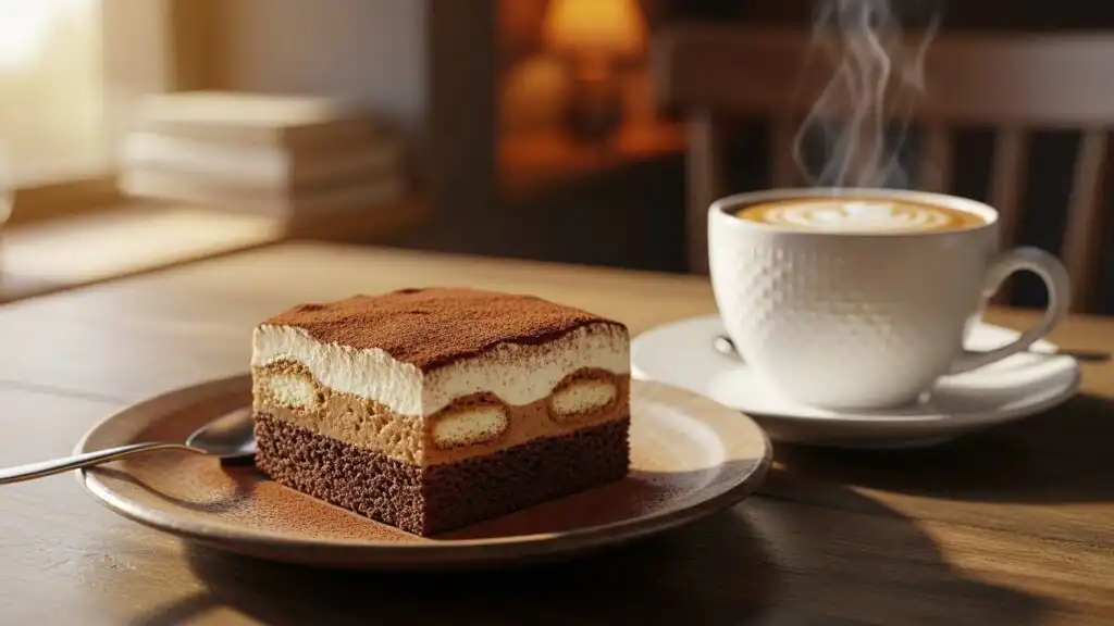 Easy Tiramisu Brownies – The Perfect Coffee Lover’s Dessert 7 slice of tiramisu brownie served on a plate with mascarpone cream and cocoa powder