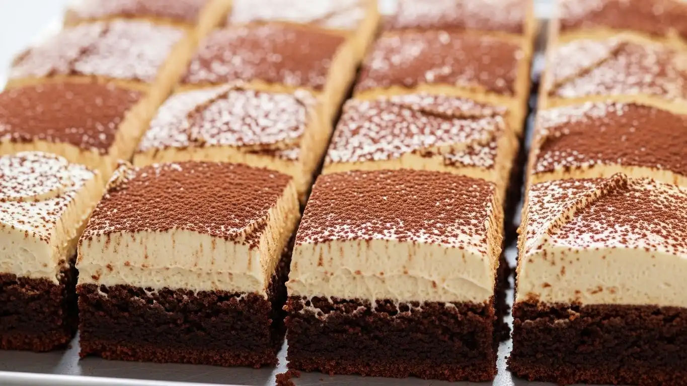 Easy tiramisu brownies with mascarpone cream and cocoa powder on top