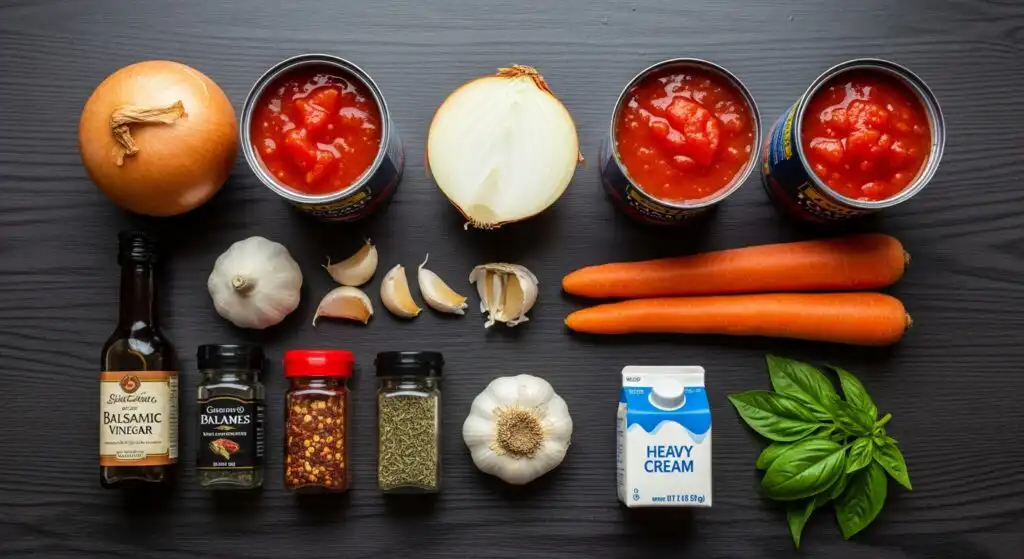 All ingredients for the Easy Tomato Soup Recipe, including canned tomatoes, onions, garlic, cream, and spices, arranged neatly for cooking.