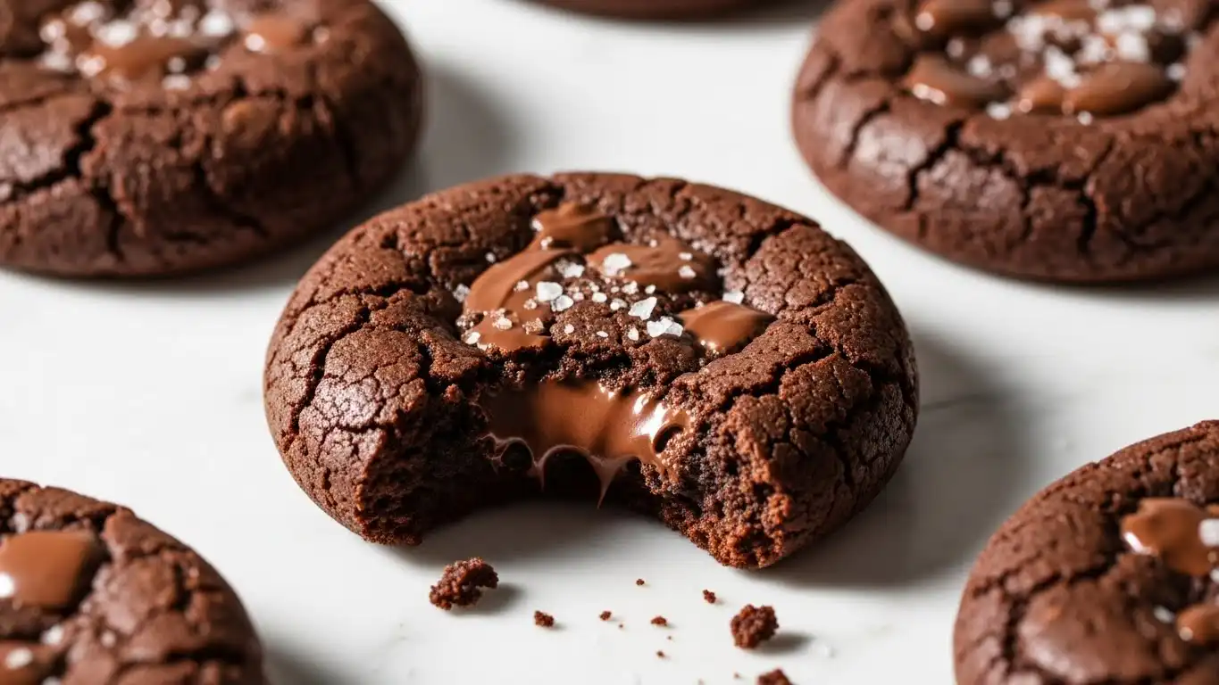 Close-up of fudgy chewy brookies stacked on a rustic wooden table in warm natural light, showing gooey melted chocolate chips and rich brownie texture, photographed in a cozy home kitchen.