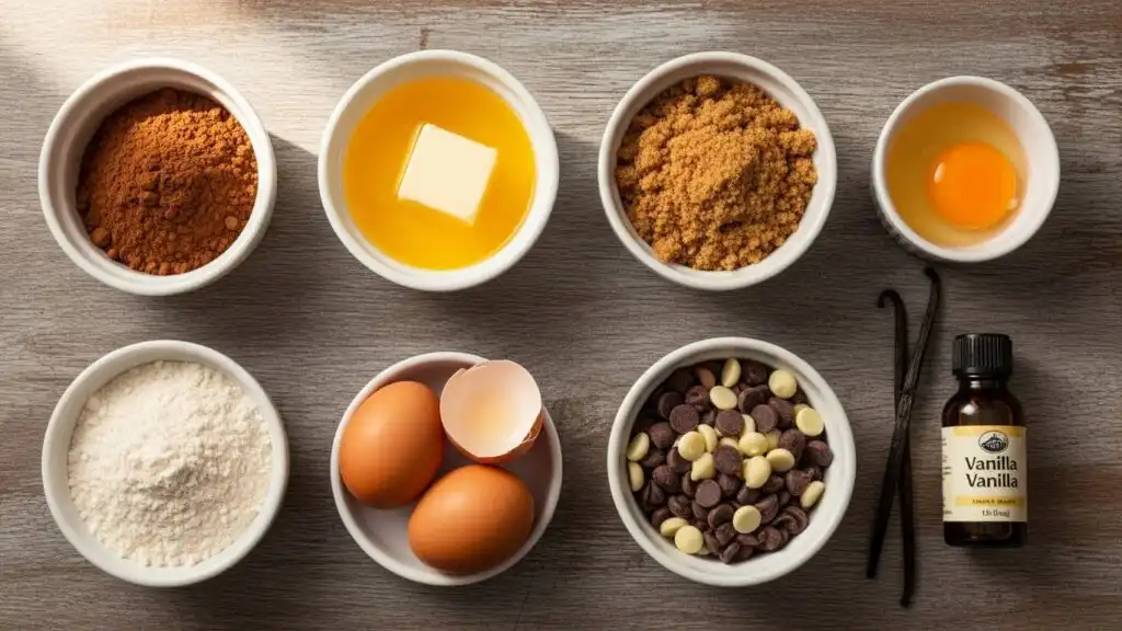 Irresistible Fudgy Chewy Brookies You’ll Fall in Love With 5 Flat lay of fudgy chewy brookie ingredients including cocoa powder, flour, butter, brown sugar, eggs, vanilla, and chocolate chips arranged neatly in small bowls on a rustic wooden surface under natural light.