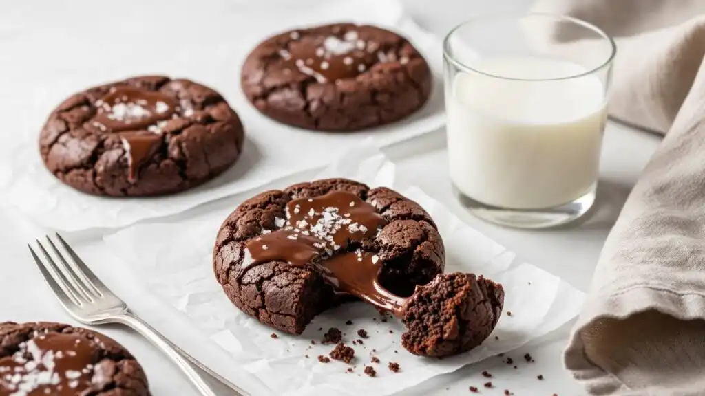 Irresistible Fudgy Chewy Brookies You’ll Fall in Love With 7 Fudgy chewy brookies with glossy tops and gooey centers served with a glass of milk, crumbs, and a napkin on a marble table in bright natural light.