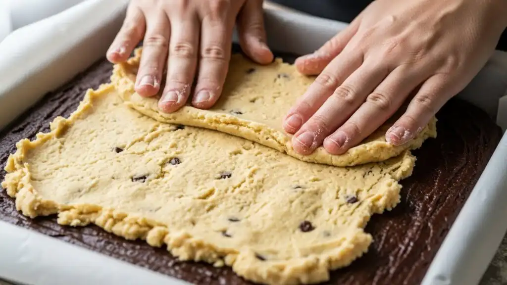 Irresistible Fudgy Chewy Brookies You’ll Fall in Love With 6 Hands layering cookie dough over brownie batter in a parchment-lined baking pan to make fudgy chewy brookies, captured in soft natural light with a cozy home kitchen background.