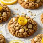 Easy Lemon Oatmeal Cookies No-Bake Recipe 3 Ultra-realistic food photography of lemon oatmeal no-bake cookies garnished with lemon zest and oats on white parchment paper.