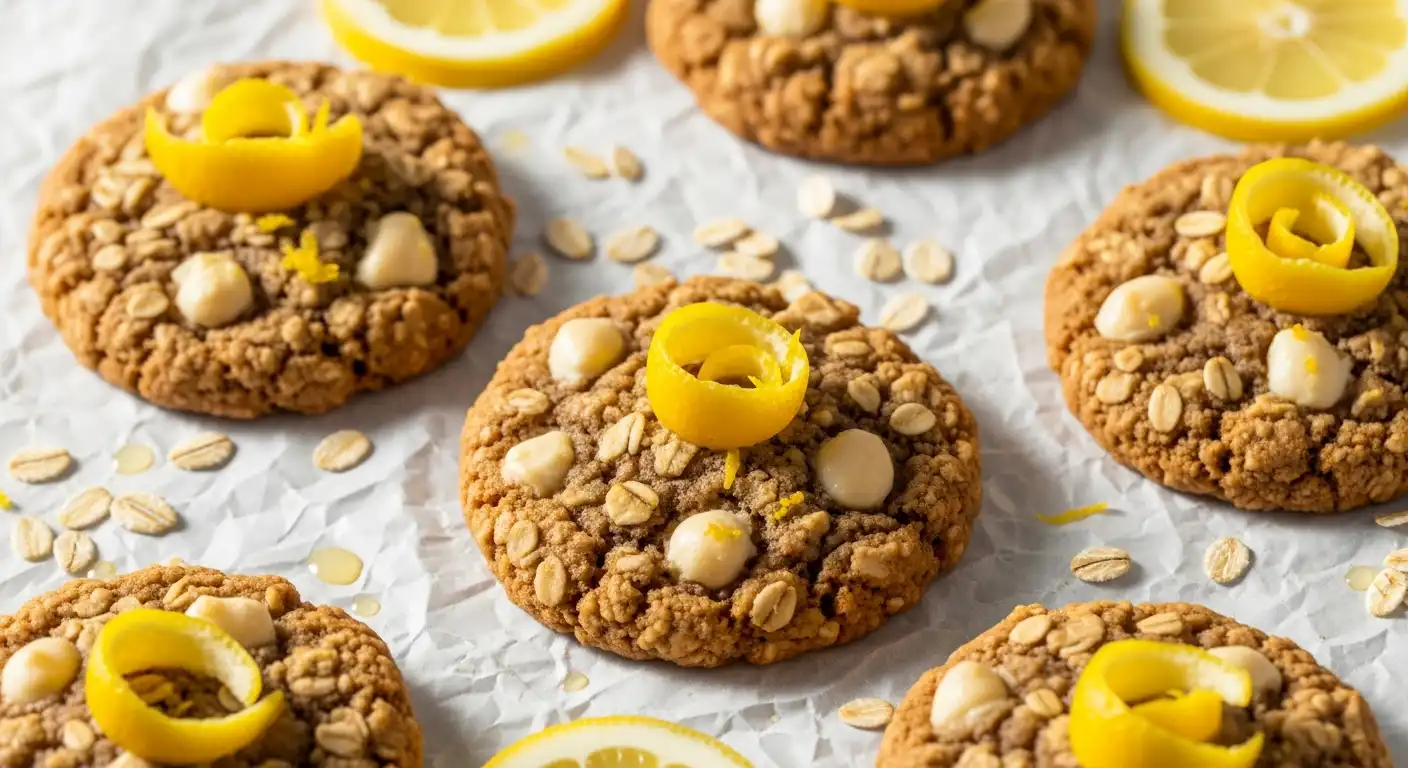 Ultra-realistic food photography of lemon oatmeal no-bake cookies garnished with lemon zest and oats on white parchment paper.