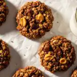Overhead shot of rustic chocolate peanut butter No Bake Oatmeal Cookies cooling on white parchment paper with a glass of milk.