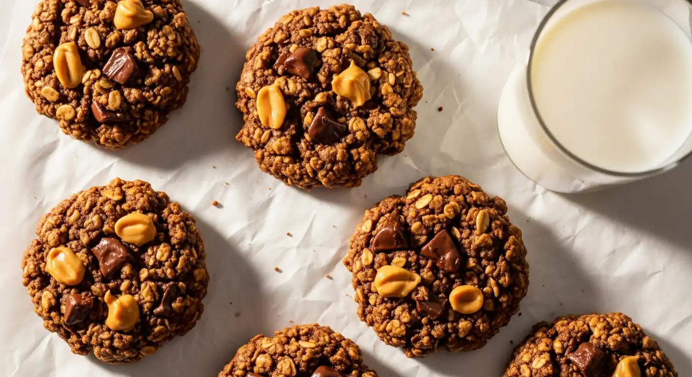 Overhead shot of rustic chocolate peanut butter No Bake Oatmeal Cookies cooling on white parchment paper with a glass of milk.