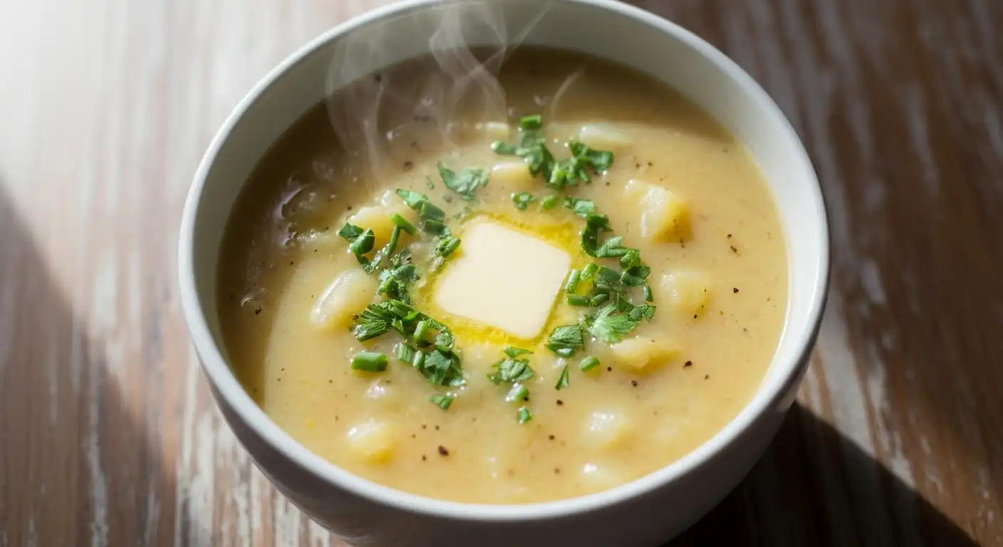 Creamy old-fashioned potato soup in a white ceramic bowl with parsley and butter on top, served on a rustic wooden table.
