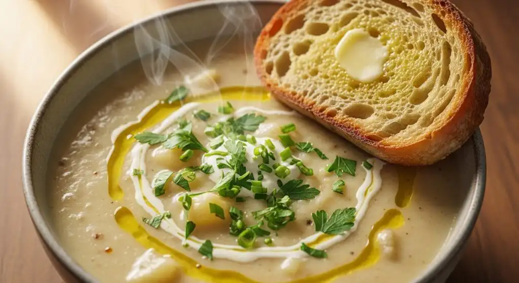 Close-up of creamy potato soup served in a bowl, garnished with fresh parsley and served with crusty bread.