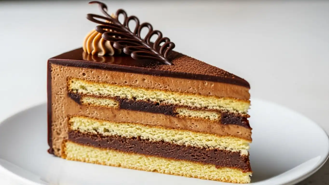 Opera Cake with thin almond sponge layers, coffee buttercream, chocolate ganache, and glossy chocolate glaze, shown in a close-up slice on a white plate with soft natural lighting.