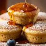 Fluffy Pancake Mini Muffins stacked and drizzled with maple syrup.
